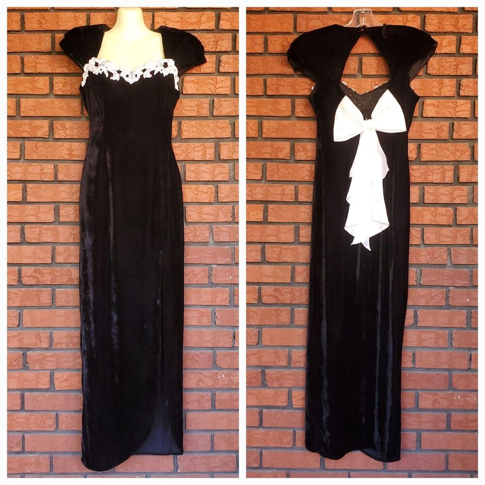 VTG Roberta Formal Black Velvet Maxi Event Dress 26" Waist White Bow Beaded Lace